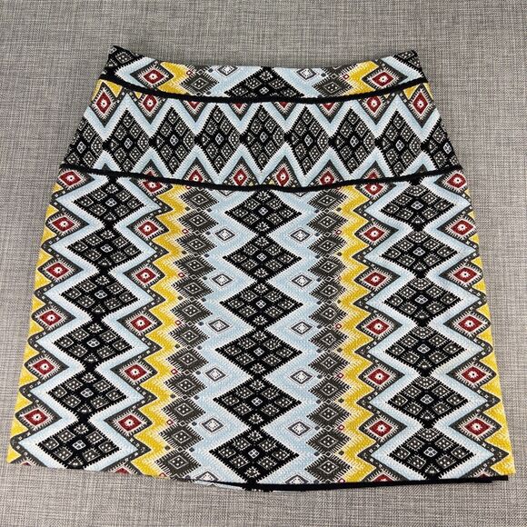Ann Taylor Skirt Sz 0 Mini Tribal Aztec Print Black Yellow Red Side Zip Textured - Picture 8 of 14